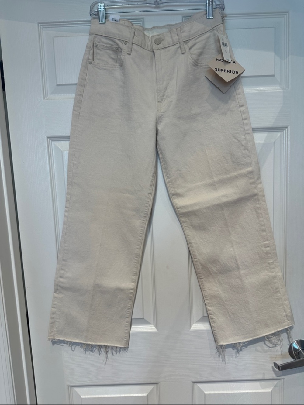 MOTHER Cream Wide-Leg Raw Hem Jeans